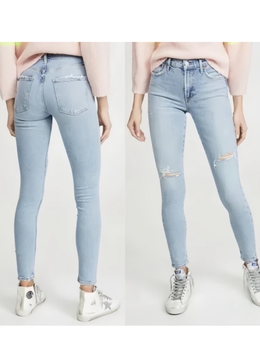 Agolde Sophie Mid Rise Ankle Light Blue Skinny Jeans with Knee Distress
